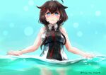  1girl ahoge black_hair black_shirt blue_background blue_eyes braid hair_flaps hair_over_shoulder kamio_(d-rev) kantai_collection long_hair necktie one-hour_drawing_challenge partially_underwater_shot red_necktie shigure_(kancolle) shigure_kai_san_(kancolle) shirt single_braid sleeveless sleeveless_shirt solo two-tone_shirt upper_body water 