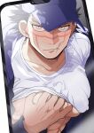  1boy bara baseball_cap black_hair black_jacket blush closed_mouth clothes_lift covered_nipples golden_kamuy hand_on_own_chest hat jacket large_pectorals looking_at_viewer male_focus muscular muscular_male nipples onnomono open_clothes open_jacket pectorals scar scar_on_cheek scar_on_face scar_on_mouth scar_on_nose shirt shirt_lift short_hair solo sugimoto_saichi white_shirt 