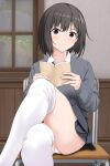  1girl absurdres black_eyes black_hair blurry blurry_background blush book chair closed_mouth commentary crossed_legs depth_of_field dress_shirt feet_out_of_frame grey_skirt grey_sweater hair_between_eyes highres holding holding_book indoors light_frown long_sleeves looking_at_viewer migita_(hirayuaki) miniskirt open_book original panties pantyshot pleated_skirt promotional_art reading school_chair school_uniform shirt short_hair sitting skirt solo sweater thighhighs underwear uniform wainscoting white_panties white_shirt white_thighhighs window wooden_floor wrinkled_fabric 