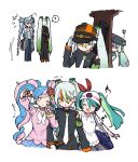  5girls ? ^^^ ^_^ armband arms_behind_back bag behind_tree black_coat blue_hair blue_necktie blush camera choker closed_eyes coat collage commentary_request cropped_legs cropped_torso fairy_miku_(project_voltage) fighting_miku_(project_voltage) flower flying_sweatdrops food-themed_hair_ornament furrowed_brow girl_sandwich gloves green_armband green_eyes green_hair grey_coat grey_gloves grey_hair hair_flower hair_ornament hair_through_headwear hand_on_headwear hatsune_miku headphones heart heart_choker highres holding holding_camera ice_hair ice_miku_(project_voltage) long_sleeves looking_at_viewer multicolored_hair multiple_girls multiple_persona musical_note neckerchief necktie open_clothes open_coat peeking_out pink_hair pink_sweater pokemon project_voltage psychic_miku_(project_voltage) red_flower ringlets sandogasa sandwiched selfie shirt short_sleeves shoulder_bag smile spoken_question_mark spring_onion_hair_ornament stalking standing_at_attention staring steel_miku_(project_voltage) streaked_hair sweatdrop sweater twintails visor_cap vocaloid weapon_bag white_headwear white_neckerchief white_necktie white_shirt wotsumiki_(sakura-yuzu) yellow_flower 