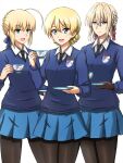  3girls ahoge artoria_pendragon_(fate) blonde_hair cowboy_shot crossover cup darjeeling_(girls_und_panzer) fate/stay_night fate_(series) girls_und_panzer highres looking_at_viewer multiple_crossover multiple_girls necktie omachi_(slabco) pantyhose pleated_skirt saucer school_uniform skirt st._gloriana&#039;s_school_uniform teacup violet_evergarden violet_evergarden_(series) 