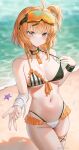  1girl absurdres ahoge bandaged_arm bandages beach bikini bikini_pull blonde_hair blush breasts choker closed_mouth clothes_pull cowboy_shot girls&#039;_frontline goggles goggles_on_head grey_eyes hair_ornament hairclip highres looking_at_viewer medium_breasts medium_hair navel rynzfrancis sand shell side_ponytail solo starfish sterling_(girls&#039;_frontline) swimsuit thigh_strap w water 