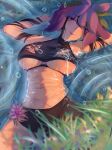  absurdres black_hair breasts crop_top flower flower_on_head grass highres jicama large_breasts looking_at_viewer lying navel on_back partially_submerged purple_eyes skirt smile stomach swimsuit touhou underboob water wet yomotsu_hisami 