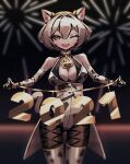  1girl 2021 :d ;d aerial_fireworks allen_(makaroll) animal_ear_fluff animal_ears animal_print bare_shoulders bell black_background blurry blurry_background boots breasts brown_background brown_pantyhose cat_ears cleavage colored_tips commentary cow_print cowbell cowboy_shot dark_background elbow_gloves eyebrows_hidden_by_hair fangs fireworks fishnet_pantyhose fishnets gloves gold_choker gradient_background hair_between_eyes hair_intakes hair_ornament halter_leotard halterneck large_breasts leotard long_bangs looking_at_viewer moca_(makaroll) multicolored_hair new_year night one_eye_closed open_mouth original pantyhose pendant_choker print_footwear print_gloves print_leotard print_tailcoat red_hair short_hair smile solo standing straight-on symbol-only_commentary tailcoat teeth thigh_boots thigh_gap upper_teeth_only white_footwear white_gloves white_hair white_leotard white_tailcoat yellow_eyes 