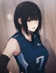  1girl absurdres black_eyes black_hair blunt_bangs bob_cut breasts cowboy_shot hands_on_own_hips heavy_breathing highres indoors large_breasts mole mole_under_eye open_mouth original short_hair sleeveless sportswear sweat tenpanco upper_body volleyball_uniform 