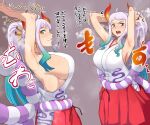  1girl aqua_hair armpits arms_up blush breasts brown_eyes cowboy_shot curled_horns daba_(wandaba) earrings from_side gradient_hair grey_background hakama hakama_skirt highres horns huge_breasts japanese_clothes jewelry kimono looking_at_viewer multicolored_hair multicolored_horns multiple_views one_piece open_mouth orange_horns purple_hair red_skirt rope shimenawa sideboob sideless_outfit sidelocks skirt sleeveless sleeveless_kimono smell sound_effects steaming_body sweatdrop teeth yamato_(one_piece) yellow_horns 