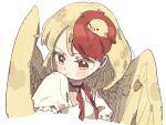  1girl animal animal_on_head bird bird_on_head bird_wings blonde_hair blush chick closed_mouth commentary highres multicolored_hair nama_udon niwatari_kutaka on_head portrait red_eyes red_hair shirt short_hair short_sleeves simple_background solo touhou two-tone_hair white_background white_shirt wings yellow_wings 