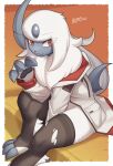  absol absurd_res border clawed_fingers claws clothed clothed_feral clothing female feral generation_3_pokemon hair hi_res horn legwear looking_at_viewer lute_(zinfyu) neck_tuft nintendo paws pokemon pokemon_(species) raised_paw red_eyes semi-anthro sitting solo tail thigh_highs toe_claws topwear tuft white_border white_hair zinfyu 
