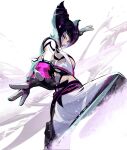  1girl bangs black_gloves black_hair bracelet breasts cofffee fighting_stance fingerless_gloves gloves hair_horns han_juri jewelry looking_at_viewer multicolored_hair pants pink_eyes pink_hair sideboob spiked_bracelet spikes streaked_hair street_fighter street_fighter_6 two-tone_hair white_background white_pants 