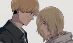  1boy 1girl annie_leonhardt armin_arlert blonde_hair blue_eyes commentary_request from_side frown green_jacket height_difference jacket llq9ull looking_down shingeki_no_kyojin sweatdrop 