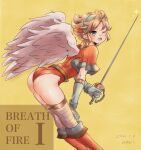  1boy 1girl angel_wings armor ass blonde_hair blue_eyes blue_hair breath_of_fire breath_of_fire_i dated elbow_gloves feathered_wings feet_out_of_frame gloves hamamuraacca leotard looking_at_viewer nina_(breath_of_fire_i) one_eye_closed open_mouth red_leotard short_hair simple_background smile sword thighhighs weapon white_wings wings 