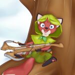  canid canine cdt2s clothing crossbow female feral fox hi_res jungledyret_hugo mammal pawpads plant ranged_weapon red_fox rita_(jungledyret) solo tree weapon young 