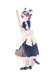  1boy :&lt; absurdres alternate_costume animal_ear_fluff animal_ears apron ayame_(3103942) back_bow bamboo_broom black_dress black_hair blonde_hair blush bow broom cat_boy cat_ears cat_tail closed_mouth commentary_request crossdressing dress enmaided eyeshadow frilled_apron frilled_dress frills full_body highres holding holding_broom looking_at_viewer looking_back maid maid_apron maid_headdress makeup male_focus medium_hair multicolored_hair nijisanji nijisanji_en parted_bangs pink_hair puffy_short_sleeves puffy_sleeves purple_eyes purple_hair red_eyeshadow shoes short_sleeves shu_yamino sidelocks simple_background solo standing streaked_hair swept_bangs tail virtual_youtuber white_apron white_background white_bow white_footwear 