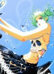  1girl belt black_belt black_skirt blue_background commentary cowboy_shot crop_top gab_(gabellament) green_hair highres open_mouth original print_shirt print_skirt shirt short_hair skirt skull_print solo upper_body water_drop 