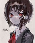  1girl asymmetrical_hair black_jacket brown_hair closed_mouth grey_background hair_ornament hairclip highres iwakura_lain jacket looking_at_viewer neckerchief oqo_808 portrait red_eyes red_neckerchief ringed_eyes serial_experiments_lain shirt short_hair signature simple_background single_sidelock solo white_shirt x_hair_ornament 