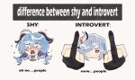  2girls bell blue_eyes blue_hair blush comparison difference_between_shy_and_introvert_(meme) double_middle_finger earrings english_text ganyu_(genshin_impact) genshin_impact gloves goat_horns grey_hair hair_over_one_eye horns jewelry long_hair looking_at_viewer low_ponytail meme middle_finger multiple_girls neck_bell nose_blush partially_fingerless_gloves rilu_(riumuowo) shenhe_(genshin_impact) shy tassel tassel_earrings 