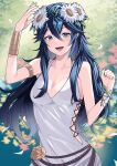  1girl ameno_(a_meno0) armlet bare_shoulders blue_eyes blue_hair blush bracelet breasts cleavage collarbone dress fire_emblem fire_emblem_awakening fire_emblem_heroes flower hair_between_eyes head_wreath highres jewelry long_hair looking_at_viewer lucina_(fire_emblem) lucina_(valentine)_(fire_emblem) medium_breasts official_alternate_costume open_mouth petals sleeveless sleeveless_dress smile solo teeth white_dress white_flower 