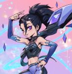  1girl arm_up bare_shoulders black_hair breasts closed_mouth contrapposto cowboy_shot detached_sleeves detached_wings earrings hand_on_own_hip jewelry k/da_(league_of_legends) k/da_all_out_kai&#039;sa kai&#039;sa league_of_legends long_hair medium_breasts multicolored_background official_alternate_costume pants phantom_ix_row pink_eyes ponytail purple_eyes smile solo two-tone_pants wings 