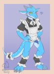  anthro biskierisky black_clothing blue_body blue_penis blush bodily_fluids claws clothing digitigrade dripping furgonomics genital_fluids genitals hands_on_hips hi_res horn kobold long_ears maid_uniform male markings penis precum precum_drip pupils purple_background reptile scalie simple_background slit slit_pupils solo sweat sweatdrop tail tail_clothing tapering_penis toe_claws uniform white_clothing yellow_eyes 