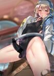  1boy absurdres andou_you aqua_eyes bar_censor black_gloves black_one-piece_swimsuit blonde_hair blue_hoodie blurry blurry_background blush bridget_(guilty_gear) bulge censored competition_swimsuit covered_nipples covered_penis cowboy_shot crate finger_to_mouth fingerless_gloves gloves guilty_gear hair_between_eyes highleg highleg_swimsuit highres hood hoodie mosaic_censoring motion_lines multicolored_clothes multicolored_hoodie one-piece_swimsuit otoko_no_ko steam sweat swimsuit 