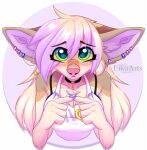  2022 5_fingers anthro blonde_hair breasts brown_body brown_fur canid canine clothed clothing digital_media_(artwork) ear_piercing ear_ring ei-ka eyebrows eyelashes female fingers fox fur hair mammal piercing pink_hair ring_piercing 