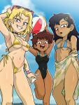  3girls amphibia anne_boonchuy ball bandaid beachball bikini black_choker black_hair black_one-piece_swimsuit blonde_hair blue_bikini blue_sky bracelet breasts brown_hair centinel303 choker cloud dark-skinned_female dark_skin drink ear_piercing earrings eyewear_on_head grin hair_ornament hairclip highres holding holding_ball holding_beachball holding_drink jewelry light_blush long_hair looking_at_viewer marcy_wu medium_breasts multiple_girls navel one-piece_swimsuit open_mouth outdoors piercing ponytail sasha_waybright scar scar_on_cheek scar_on_chest scar_on_face scrunchie short_hair sky small_breasts smile sunglasses swimsuit wrist_scrunchie yellow_bikini 