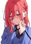  1boy blue_lock blue_shirt blush chigiri_hyoma closed_mouth hand_up highres long_hair long_sleeves looking_away male_focus pink_eyes red_hair seyanaso shirt simple_background solo upper_body white_background 