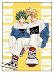  2boys alternate_costume bakugou_katsuki blonde_hair blue-tinted_eyewear blue_jacket boku_no_hero_academia closed_mouth commentary eyewear_on_head freckles full_body green_eyes green_hair grey-framed_eyewear hand_in_pocket highres hkt26as jacket jacket_partially_removed looking_at_viewer male_focus midoriya_izuku multiple_boys pants print_footwear print_shirt red_eyes red_socks shirt shoes short_hair simple_background sitting smile sneakers socks spiked_hair streetwear sunglasses tinted_eyewear white_pants white_shirt yellow_background 