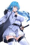 1girl absurdres belt blue_eyes blue_hair blush breasts collared_shirt fur-trimmed_jacket fur_trim highres jacket large_breasts lillly long_hair long_sleeves looking_at_viewer original parted_lips shirt skirt solo sword thighhighs thighs weapon 