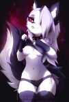  absurd_res anthro bottomwear breasts canid canid_demon clothed clothing clothing_lift collar demon ear_piercing female fingerless_gloves fluffy fluffy_tail fur gloves grey_body grey_fur grey_hair hair handwear hellhound helluva_boss hi_res hotpants legwear loona_(helluva_boss) magnaluna mammal nipples partially_clothed piercing red_eyes shirt shirt_lift shorts smile solo spiked_collar spikes stockings tail thigh_highs topwear white_body white_fur 