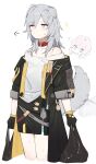  2girls =3 ? ?? absurdres animal_ears bag bare_shoulders black_gloves black_jacket blush choker dog_ears dog_girl dog_tail gloves grey_hair hair_between_eyes highres honkai:_star_rail honkai_(series) hufy jacket kemonomimi_mode long_hair long_sleeves looking_at_viewer march_7th_(honkai:_star_rail) medium_hair multiple_girls pink_hair plastic_bag red_choker simple_background sleeve_rolled_up stelle_(honkai:_star_rail) tail trailblazer_(honkai:_star_rail) trash_bag white_background yellow_eyes yellow_trim 