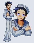  1boy 96a5b0 black_hair closed_mouth commentary crossed_arms full_body grey_background hat long_sleeves male_focus multiple_views own_hands_clasped own_hands_together pants sailor sailor_collar sailor_hat scott_pilgrim_(series) shirt short_hair simple_background smile standing tongue tongue_out upper_body wallace_wells white_headwear white_pants white_shirt 