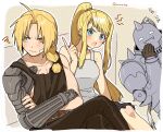  1girl 2boys alphonse_elric armor artist_name automail blonde_hair blue_eyes blush braid brothers closed_mouth commentary_request crossed_arms dress earrings edward_elric full_armor fullmetal_alchemist gloves highres jewelry long_hair mechanical_arms multiple_boys nanaki_(mkmk_915) open_mouth ponytail prosthesis prosthetic_arm shirt siblings simple_background single_mechanical_arm smile swept_bangs twitter_username winry_rockbell yellow_eyes 