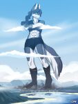  2022 3:4 4_toes abs absurd_res aircraft airplane anthro athletic athletic_anthro athletic_female biped black_nose blue_eyes canid canine city cloud crossed_arms destruction digital_media_(artwork) feet female fox fur gasmaskfox giga gloves_(marking) grey_body grey_fur hair hi_res jet leg_markings macro mammal markings midriff mountain nova_(gasmaskfox) smile socks_(marking) standing toes water white_body white_fur 