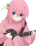  1girl blue_eyes bocchi_the_rock! closed_mouth cube_hair_ornament electric_guitar gibson_les_paul gotou_hitori guitar hair_between_eyes hair_ornament highres holding holding_instrument instrument jacket long_hair long_sleeves looking_at_viewer nervous one_side_up pants pink_hair pink_jacket pink_pants rsb992112 simple_background sitting solo tears track_jacket white_background 