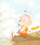  1girl alien b_spa_gyoreva backpack bad_id bad_pixiv_id bag blue_eyes blue_sky blush brittany_(pikmin) cliff cloud from_side full_body glasses gloves grass hands_on_lap helmet leaf looking_ahead no_mouth pikmin_(series) pink_bag pink_gloves pink_hair pink_light pink_skirt pointy_ears pointy_nose radio_antenna red-framed_eyewear short_hair sitting skirt sky solid_oval_eyes space_helmet spacesuit sprout third-party_source whistle 