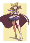  1girl bare_legs breasts cape contrapposto earmuffs full_body gold_trim gyouza_(mhea5724) hands_up highres holding holding_stick light_blush light_brown_hair open_mouth pointy_hair ritual_baton shadow short_hair simple_background small_breasts solo standing stick touhou toyosatomimi_no_miko two-handed yellow_background yellow_eyes 