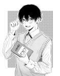  1boy absurdres adjusting_eyewear blush book buttoned_cuffs buttons collared_shirt commentary dotted_background double-parted_bangs earrings glasses greyscale hair_between_eyes hand_up highres holding holding_book inkdaisuki jewelry long_sleeves looking_at_viewer male_focus monochrome nose_blush obvious_statement open_mouth original outline over-rim_eyewear picture_(object) screentones semi-rimless_eyewear shirt short_hair sideways_glance smile solo stud_earrings sweater_vest teeth translated upper_body v-neck 