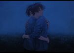  2boys absurdres black_hair blue_shirt blue_sky closed_eyes from_side ground hair_between_eyes hand_on_another&#039;s_back highres hug long_sleeves male_focus messy_hair multiple_boys original painterly parted_lips shirt short_hair sky standing tears yuikawa_(00hyr) 