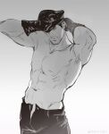  1boy abs absurdres bara chris_redfield closed_mouth facial_hair gloves greyscale hat highres laoziwai_xingren large_pectorals male_focus military_hat monochrome muscular muscular_male navel nipples open_pants pants pectorals resident_evil resident_evil_5 short_hair smile solo topless_male 
