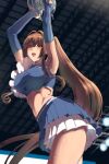  1girl arm_warmers armpits blue_skirt breasts brown_eyes brown_hair cheerleader hair_intakes highres indoors kantai_collection large_breasts long_hair looking_at_viewer midriff mrdotd open_mouth ponytail sidelocks skirt solo stadium sweatdrop toned very_long_hair white_skirt yamato_(kancolle) 
