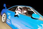  1girl asamiya_mariko black_eyes brown_hair car driving english_commentary highres holeecrab looking_at_viewer motor_vehicle nissan nissan_s14_silvia nissan_silvia open_mouth original pointing shadow shirt short_hair smile solo spoiler_(automobile) sports_car white_shirt 