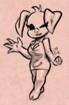  2023 anthro big_ears biped black_eyes breasts clothed clothing cloven_hooves domestic_pig dress female floppy_ears front_view gesture head_tuft hooves looking_at_viewer mammal monochrome one_eye_closed open_mouth sketch solo soulcentinel standing suid suina sus_(pig) tuft waving waving_at_viewer wink winking_at_viewer 