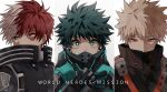  3boys bakugou_katsuki black_hair blonde_hair blue_eyes boku_no_hero_academia coi_mha green_eyes green_hair hand_up looking_at_viewer male_focus mask midoriya_izuku mouth_mask multicolored_hair multiple_boys orange_eyes portrait red_eyes red_hair short_hair spiked_hair split-color_hair todoroki_shouto two-tone_hair white_hair 