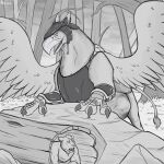  abdominal_bulge after_vore anthro armor avian beak duo feral feral_pred forest greyscale gryphon headgear helmet hi_res hiding jagg_(thatgryphonguy) male monochrome mythological_avian mythology plant thatgryphonguy tree vore wings 
