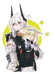  2girls animal_ears arknights black_gloves blonde_hair blush closed_mouth demon_horns flying_sweatdrops fox_ears gloves green_eyes hairband horns long_hair mudrock_(arknights) multicolored_hair multiple_girls no_headwear odmised oripathy_lesion_(arknights) pointy_ears red_eyes suzuran_(arknights) triangle_mouth white_hair 