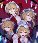  1girl blonde_hair collared_shirt crystal flandre_scarlet four_of_a_kind_(touhou) gradient_background hair_between_eyes hat highres ikurauni medium_hair mob_cap multicolored_wings nail_polish one_side_up open_mouth puffy_short_sleeves puffy_sleeves red_background red_eyes red_nails red_vest shirt short_sleeves simple_background solo teeth touhou upper_body upper_teeth_only vest white_headwear white_shirt wings 