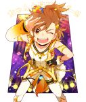  1boy ;d armlet asymmetrical_clothes black_gloves brown_eyes brown_hair capri_pants confetti fangs fur_trim gloves half_updo hand_on_own_hip idol idolmaster idolmaster_side-m jewelry leaning_forward male_focus one_eye_closed open_clothes open_mouth open_vest pants ring smile solo stage_lights tachibana_shiro_(idolmaster) vest waistcoat wen_(panda) white_pants 