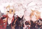  4boys absurdres ahoge amor animal_ears armor black_gloves blonde_hair brown_hair censored cherry_blossoms closed_eyes dog_tags fake_horns fingerless_gloves flower fox_boy fox_ears genshin_impact gloves gorou_(genshin_impact) grin hair_between_eyes hair_ornament hands_on_another&#039;s_shoulders headband highres horned_headwear horns identity_censor japanese_armor japanese_clothes kaedehara_kazuha kazuha&#039;s_friend_(genshin_impact) male_focus multicolored_hair multiple_boys open_mouth petals poi_poifu ponytail red_hair revision smile streaked_hair thoma_(genshin_impact) upper_body white_hair 