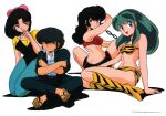  4girls absurdres animal_print armor artist_request belt belt_buckle benten_(urusei_yatsura) bikini bikini_armor black_eyes black_hair black_leotard blue_eyes blue_eyeshadow boots bow buckle chain crossed_arms crossed_legs earrings eyeshadow fujinami_ryuunosuke gakuran geta green_hair hair_bow hand_on_own_chin highres horns jewelry kneeling leotard long_hair looking_at_viewer lum makeup mizunokouji_asuka multiple_girls navel non-web_source official_art oni oni_horns open_mouth pantyhose pink_bow ponytail school_uniform shirt short_hair sitting smile sparkling_eyes strapless strapless_bikini swimsuit tiger_print urusei_yatsura white_background white_shirt 